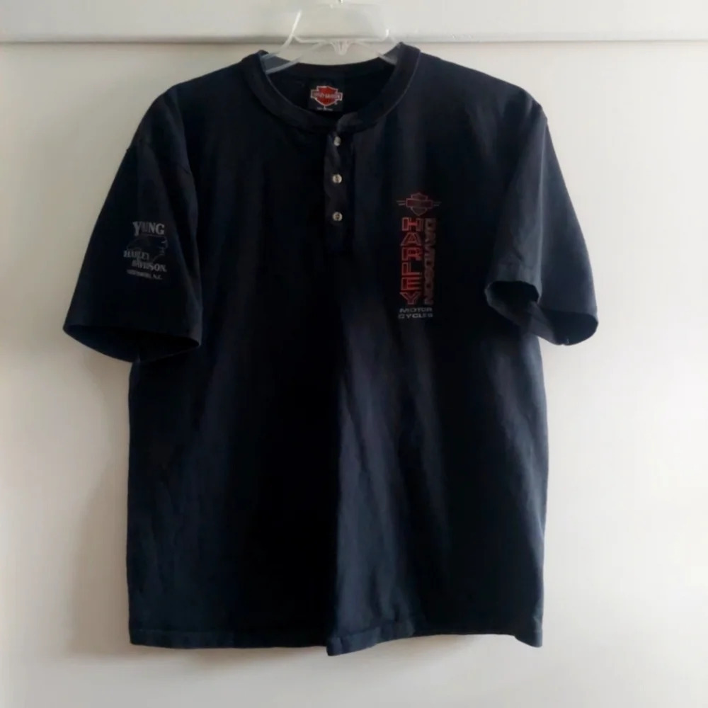 Harley-Davidson Men's Large Henley shirt Black Front Logo Spellout Vintage USA